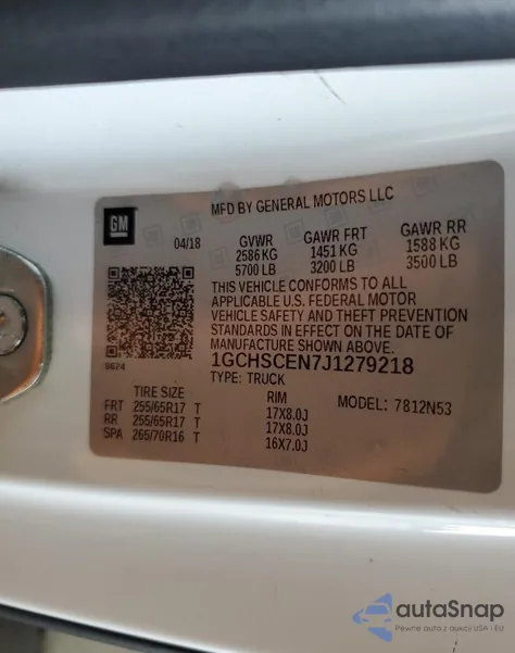 2018 Chevrolet Colorado Lt z USA, uszkodzony, nr VIN 1GCHSCEN7J1279218